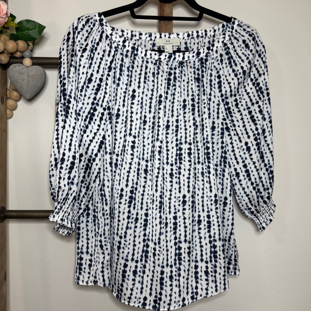 Halston 3/4 Sleeve‎ Blue White Blouse Petite Size Small - Picture 2 of 7